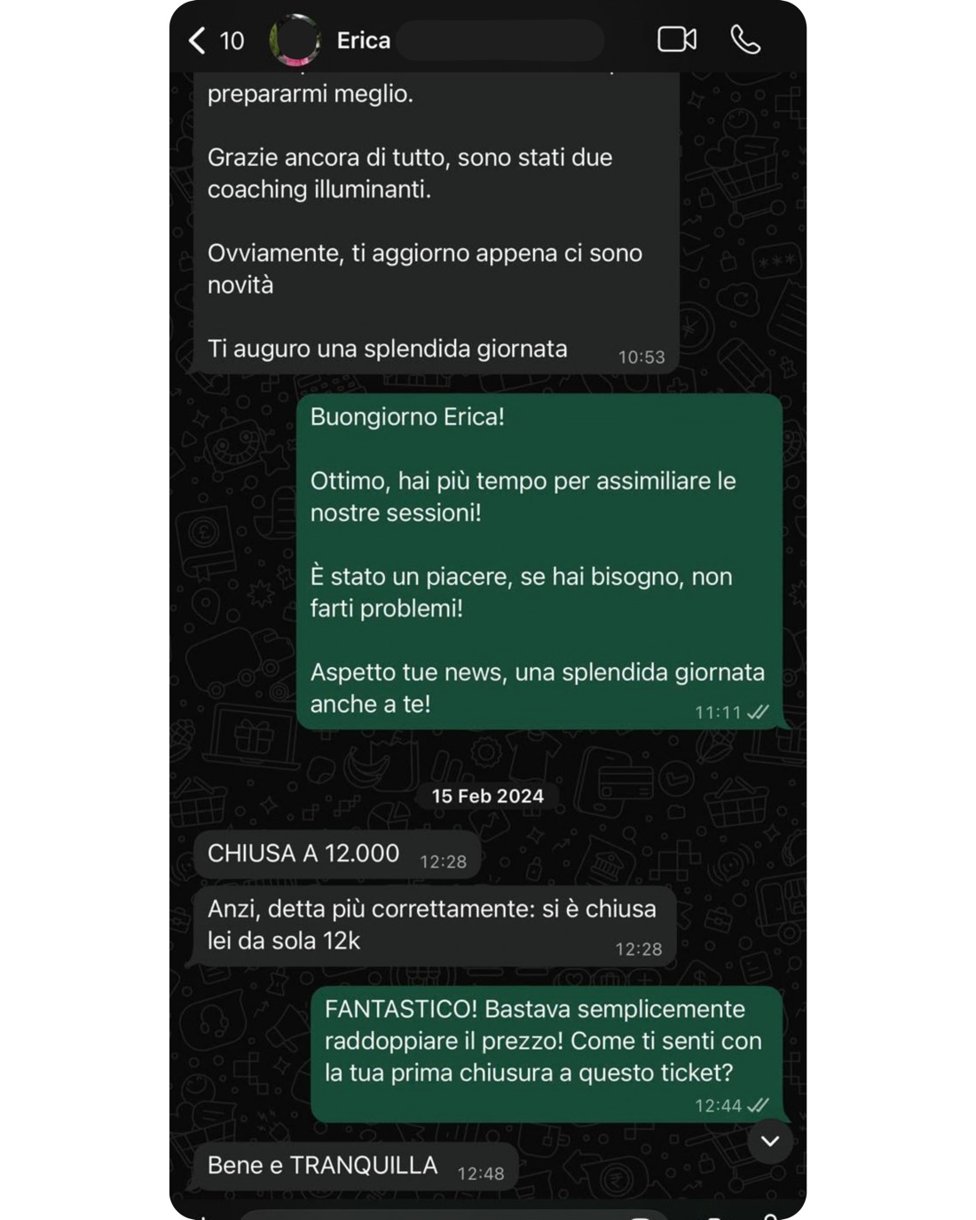 Messaggio ricevuto — Chiusa a 12.000€, Coach di spirito e visione